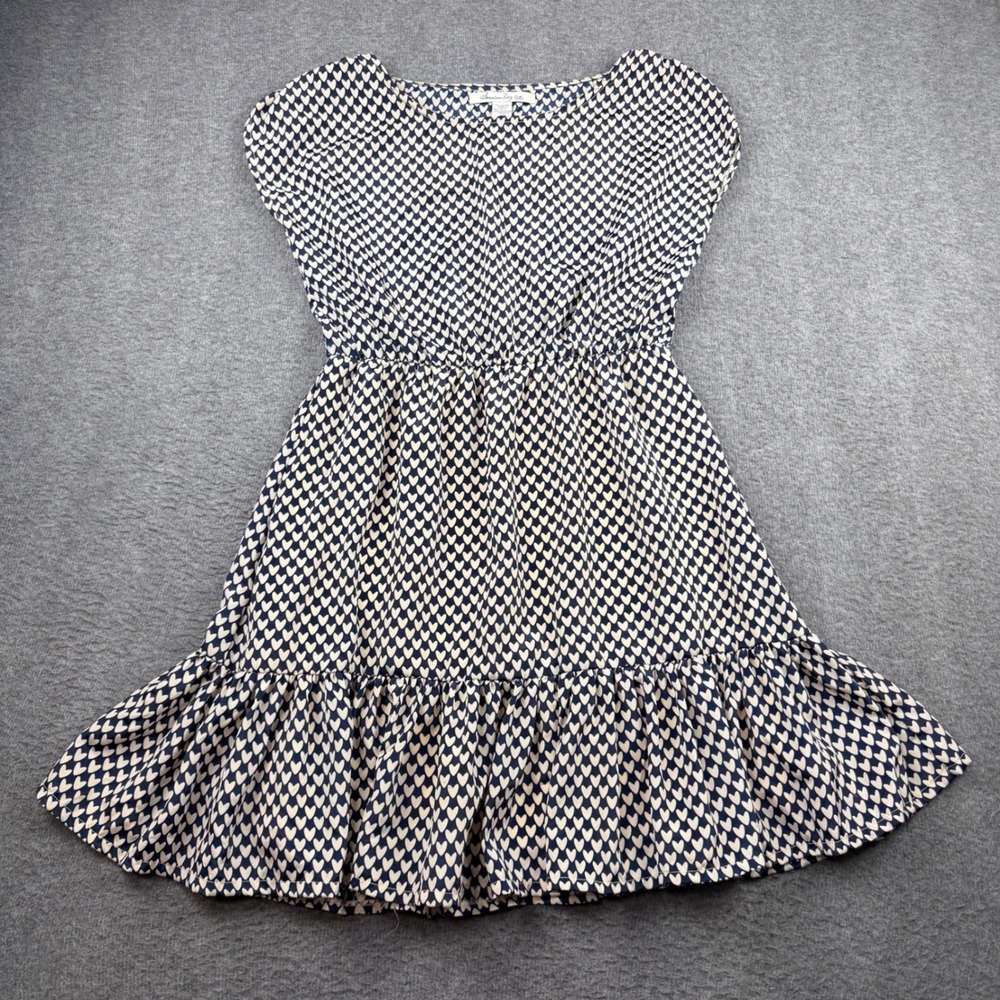 American Rag Cie Navy Blue Cream Heart Print Fit Flare Ruffle Mini Dress‎ Large